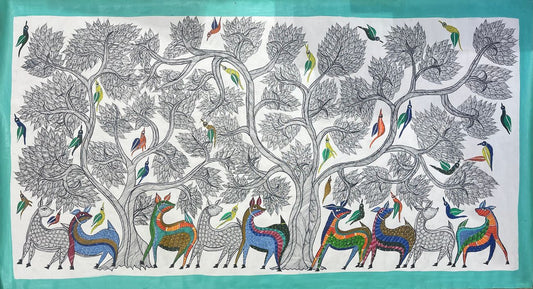 Hand Painted Gond Art multiple deers and birds