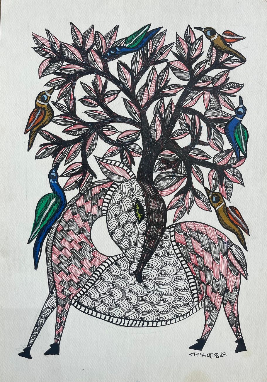 Hand Painted Gond Art deer with birds