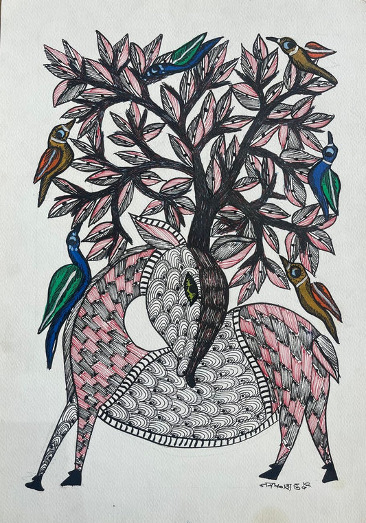 Hand Painted Gond Art deer with birds