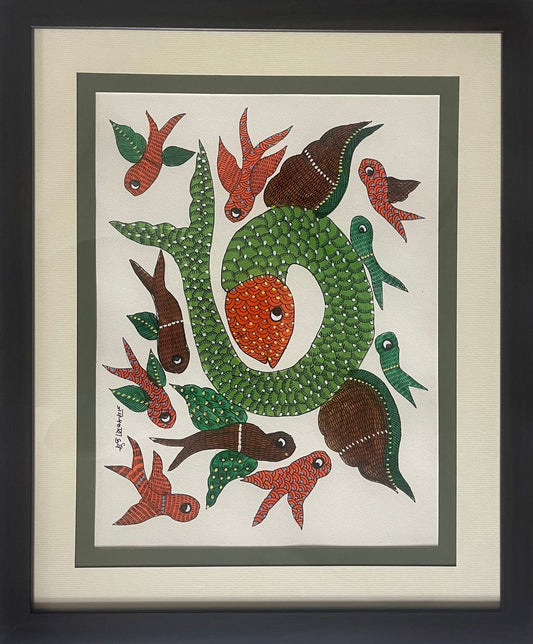 Hand Painted Gond Art fish with birds