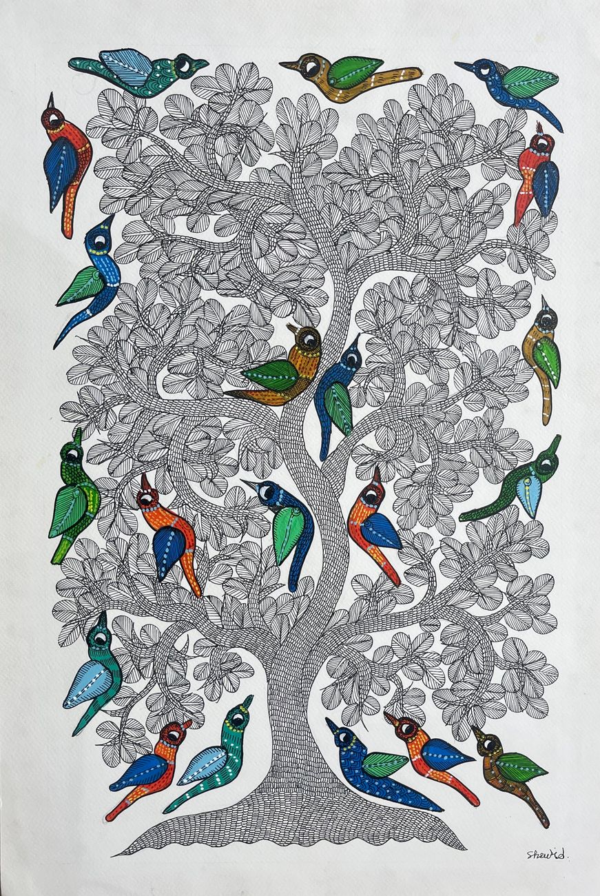 Hand Painted Gond Art tree and birds
