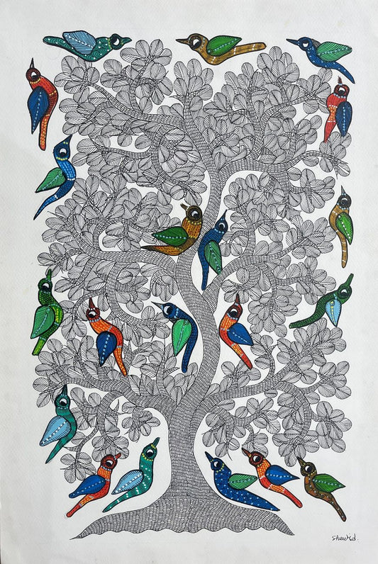 Hand Painted Gond Art tree and birds