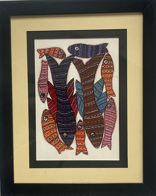 Hand Painted Gond Art with colorful fish