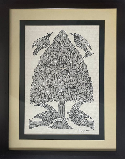 Hand Painted Gond Art with birds on conical tree