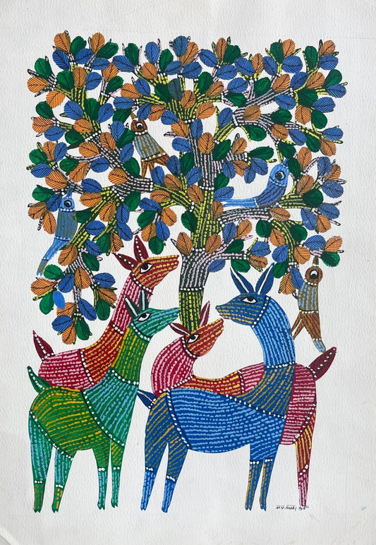 Hand Painted Gond Art with deers and birds