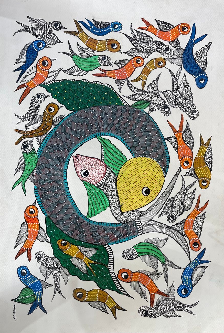 Hand Painted Gond Art fish with birds