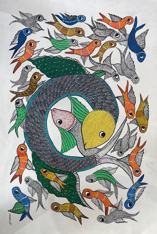 Hand Painted Gond Art fish with birds