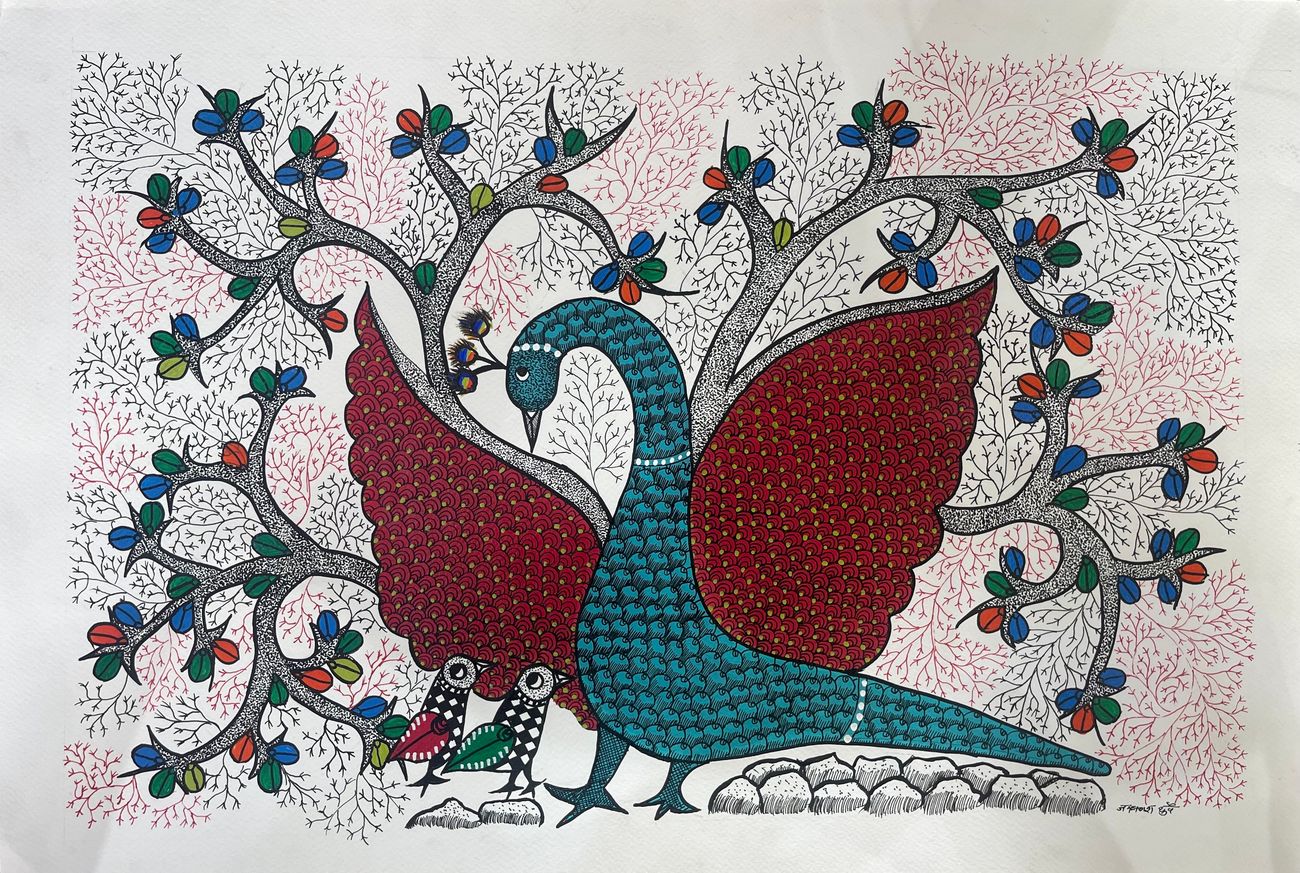 Hand Painted Gond Art with peacock