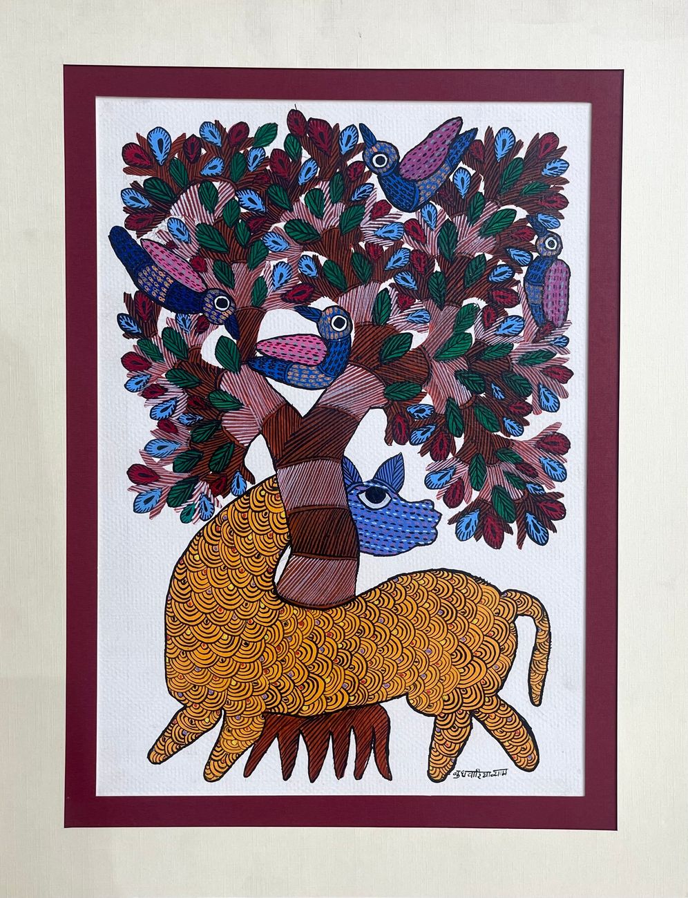 Hand Painted Gond Art with birds on tree and animal at the base