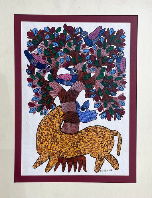 Hand Painted Gond Art with birds on tree and animal at the base
