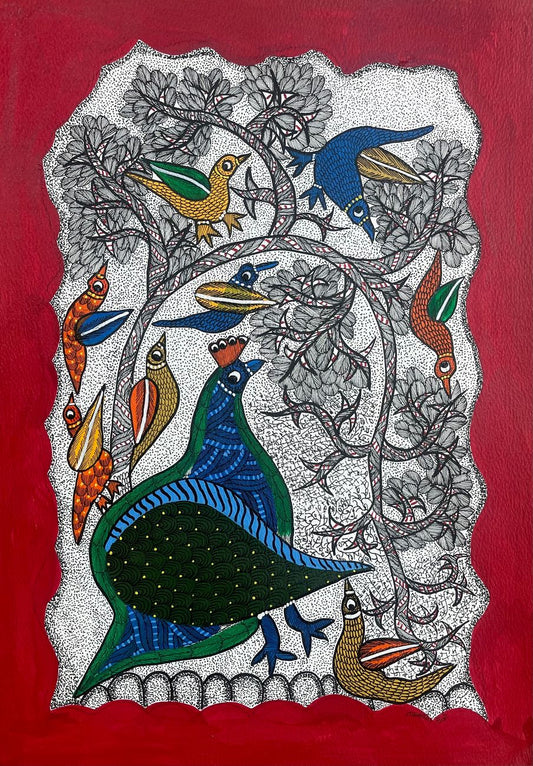 Hand Painted Gond Art with birds