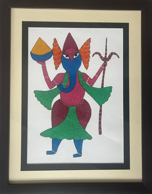 Hand Painted Gond Art depicting standing Ganesha