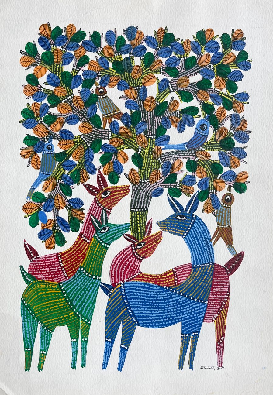 Hand Painted Gond Art with deers and birds